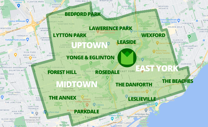 Gardenzilla Service Area 2021 - Includes Uptown, Midtown & East York - Bedford park, Lytton Park, Lawrence Park, Wexford, Leaside, Yonge & Eglinton, Rosedale, Forest Hill, The Annex, Parkdale, Rosedale, The Danforth, Leslieville, The Beaches