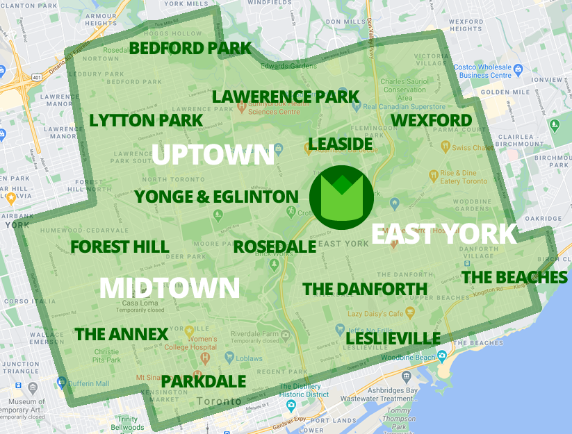 Gardenzilla Service Area 2021 - Includes Uptown, Midtown & East York - Bedford park, Lytton Park, Lawrence Park, Wexford, Leaside, Yonge & Eglinton, Rosedale, Forest Hill, The Annex, Parkdale, Rosedale, The Danforth, Leslieville, The Beaches