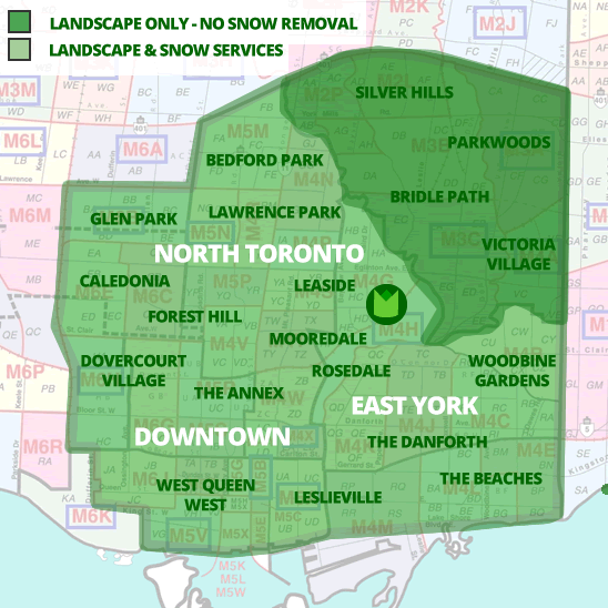 Service Area Map for Gardenzilla Ltd - including north toronto, midtown toronto, downtown toronto, east york, the beach, lawrence park, bedford park, forest hill, mooredale, rosedale, leslieville, and more
